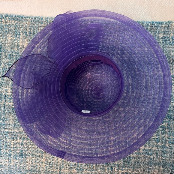 Purple Wide Brim Straw Hat with Tulle Ribbon